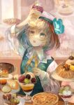  1girl :o absurdres aqua_eyes aqua_flower aqua_vest bangs blurry blurry_background cake cake_slice chinese_text collared_shirt cup english_text flower food hair_flower hair_ornament hat heterochromia highres holding holding_cup holding_spoon light_brown_hair light_particles long_sleeves looking_up medium_hair neck_ribbon open_mouth original parfait plate ribbon seisaiminty shirt short_hair signature solo spoon teeth upper_teeth watermark white_headwear white_shirt yellow_eyes yellow_ribbon 