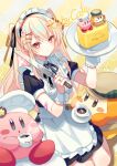  1girl :o apron bangs blonde_hair butter_knife chef_hat closed_mouth coffee_cup cup disposable_cup english_text hair_ornament halftone hat highres holding holding_knife holding_plate holding_saucer jirai_kei kirby kirby_(series) kirby_cafe kneeling knife long_hair looking_at_viewer maid maid_apron maid_headdress original plate puffy_short_sleeves puffy_sleeves red_eyes saucer short_sleeves sidelocks sparkle star_(symbol) star_hair_ornament striped striped_background suzaku_(zaku6584) twintails waddle_dee x_hair_ornament yellow_background 