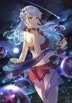  1girl ass bangs bare_arms bare_shoulders bird bird_on_hand blue_ribbon breasts commentary_request cowboy_shot fire_emblem fire_emblem:_radiant_dawn fire_emblem_heroes flower hair_flower hair_ornament hair_ribbon highres large_breasts long_hair looking_at_viewer looking_back micaiah_(fire_emblem) night night_sky ribbon shooting_star sky smile standing star_(sky) starry_sky tarayuki thighs very_long_hair white_flower white_hair yellow_eyes yune_(fire_emblem) 