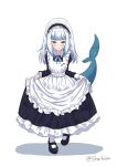  1girl alternate_costume apron bangs black_dress blue_eyes blue_hair bowing curtsey dress enmaided fish_tail gawr_gura highres hololive hololive_english long_sleeves looking_at_viewer maid maid_apron maid_headdress multicolored_hair shark_tail sharkudon skirt_hold solo streaked_hair tail virtual_youtuber white_background 
