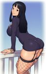  1girl ass bangs black_dress black_eyes black_hair breasts dress dyun fishnet_thighhighs fishnets garter_straps highres large_breasts leaning_forward long_hair long_sleeves looking_at_viewer looking_back nico_robin one_piece short_dress smile solo standing thick_thighs thighhighs thighs 