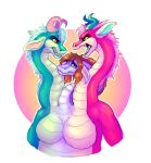  3_heads angry anthro breasts dragon featureless_breasts female green_body hi_res horn hydra implied_transformation mane multi_head nude purple_body red_body simple_background solo tf4me white_background 