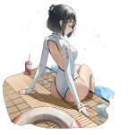  1girl ass back back_cutout bare_legs black_hair braid breasts closed_eyes closed_mouth clothing_cutout cup disposable_cup genshin_impact highres innertube lycsakd medium_breasts on_floor short_hair sitting smile soaking_feet solo swimsuit tile_floor tiles water white_one-piece_swimsuit xiangling_(genshin_impact) 