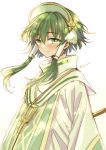  1boy bangs blush closed_mouth commentary_request green_eyes green_hair hair_between_eyes hair_tubes hairband ion_(tales) male_focus robe short_hair_with_long_locks sidelocks signature simple_background smile solo sugano_manami tales_of_(series) tales_of_the_abyss upper_body white_background 