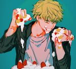  1boy blonde_hair cake chainsaw_man denji_(chainsaw_man) food food_on_face food_on_hand fruit green_background highres icing jacket looking_at_food looking_at_object looking_at_viewer messy pecopecosupipi sharp_teeth shirt short_hair simple_background smile solo spiked_hair strawberry strawberry_shortcake teeth white_shirt yellow_eyes 