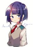  1girl bangs blue_eyes blue_hair blunt_bangs boku_no_hero_academia buttons cardiogram chromatic_aberration closed_mouth collared_shirt expressionless grey_vest jirou_kyouka jitome looking_at_viewer moshihimechan necktie red_necktie shirt short_hair sidelocks simple_background sketch solo upper_body vest white_background white_shirt 