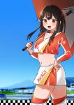  1girl akagi_(kancolle) blue_sky brown_eyes brown_hair character_name clothes_writing cloud cosplay crop_top day highres kantai_collection kirisawa_juuzou long_hair long_sleeves midriff miniskirt mountain multicolored_clothes navel orange_shirt outdoors race_queen racetrack shirt skirt sky solo straight_hair thighhighs umbrella usugumo_(kancolle) usugumo_(kancolle)_(cosplay) white_thighhighs 