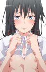  1girl bangs black_hair blue_eyes breasts collared_shirt commentary_request hair_ribbon highres long_hair looking_at_viewer nipples red_ribbon ribbon shirt shou937 sidelocks sketch small_breasts solo upper_body white_shirt yahari_ore_no_seishun_lovecome_wa_machigatteiru. yukinoshita_yukino 