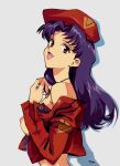  1girl bangs breasts brown_eyes cross earrings english_commentary hat highres jewelry katsuragi_misato long_hair looking_at_viewer medium_breasts necklace neon_genesis_evangelion nerv nipples open_mouth optionaltypo purple_hair smile solo tongue tongue_out 