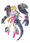  1girl absurdres bike_shorts blonde_hair breasts cosplay fiona_(zoids) highres ibuki_sakura_(sgw_v07) long_hair looking_at_viewer low_ponytail mecha_musume mechanical_ears mechanical_tail open_hands pink_footwear pink_shirt purple_shorts red_eyes shirt shorts small_breasts solo tail white_background zeke_(zoids) zeke_(zoids)_(cosplay) zoids zoids_chaotic_century 
