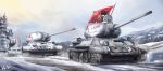  1girl absurdres artist_name blonde_hair blue_eyes brown_gloves driving emblem flag girls_und_panzer gloves ground_vehicle highres katyusha_(girls_und_panzer) kk90 kv-2 landscape military military_uniform military_vehicle motor_vehicle pravda_(emblem) snow solo t-34 tank tank_helmet tree uniform winter winter_clothes 