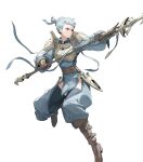  1girl armor bangs blue_hair boots bow bowtie braid breastplate closed_mouth dress elbow_gloves fire_emblem fire_emblem_awakening fire_emblem_heroes french_braid full_body gloves hair_bun hair_ornament highres hirooka_masaki holding holding_weapon knee_boots leg_up long_sleeves looking_away non-web_source official_art pelvic_curtain phila_(fire_emblem) polearm puffy_sleeves red_eyes serious shiny shiny_hair short_dress shoulder_armor solo spear striped thighhighs transparent_background vertical_stripes weapon 
