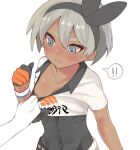  ! !! 1girl 1other assisted_exposure bad_id bad_pixiv_id bea_(pokemon) black_bodysuit black_hairband blush bodysuit bodysuit_under_clothes bow_hairband breasts clothes_pull collarbone dark-skinned_female dark_skin dynamax_band gloves grey_eyes grey_hair hair_between_eyes hairband mashiro_kta nipples no_bra one_breast_out pokemon pokemon_(game) pokemon_swsh print_shirt pulled_by_another shirt shirt_pull short_hair short_sleeves single_glove small_breasts tied_shirt white_background 