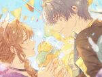  1boy 1girl bangs black_jacket blurry blurry_foreground braid braided_ponytail brown_hair closed_mouth confetti dog_tags food green_eyes headband highres holding holding_food homu_(honkai_impact) ice_cream jacket jiukuzi18797 long_hair marius_von_hagen_(tears_of_themis) outdoors purple_eyes purple_hair purple_shirt rosa_(tears_of_themis) shirt short_hair slime_(genshin_impact) smile tears_of_themis yellow_shirt 