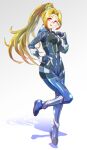  1girl absurdres black_bodysuit black_gloves blonde_hair blue_bodysuit bodysuit colored_tips cosplay fiona_(zoids) glasses gloves gradient gradient_background hair_behind_ear hand_on_hip highres ibuki_sakura_(sgw_v07) jo_aysel jo_aysel_(cosplay) leg_up looking_to_the_side multicolored_hair open_mouth pilot_suit ponytail red_eyes red_hair shadow smile solo zoids zoids_chaotic_century zoids_wild zoids_wild_zero 
