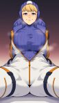  1girl absurdres apex_legends arms_behind_back bangs blonde_hair blue_bodysuit blue_eyes bodysuit breasts closed_mouth dyun gradient gradient_background highres hood hooded_jacket jacket large_breasts long_sleeves looking_at_viewer open_clothes open_jacket partially_unzipped scar scar_on_face smile solo spread_legs steam steaming_body sword wattson_(apex_legends) weapon 