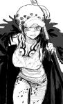  1girl 4myaku1 angry arm_tattoo breasts chest_tattoo clenched_teeth coat coat_on_shoulders fur_coat fur_hat genderswap genderswap_(mtf) glaring greyscale hand_up hat highres holding holding_sheath large_breasts looking_at_viewer monochrome one_piece shade sheath sheathed short_hair solo tank_top tattoo teeth trafalgar_law wet wet_clothes white_background 