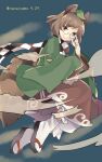  1girl animal_ears brown_eyes brown_hair dated futatsuiwa_mamizou geta glasses hair_ornament hand_on_eyewear highres japanese_clothes leaf leaf_hair_ornament leaf_on_head long_sleeves raccoon_ears raccoon_tail razuzyamu round_eyewear scarf short_hair smile socks solo tail touhou twitter_username wide_sleeves 