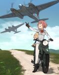  2girls aircraft airplane annin_musou ark_royal_(kancolle) black_footwear blonde_hair blue_eyes blush boots brown_gloves corset cropped_jacket fairy_(kancolle) gloves ground_vehicle hairband highres jacket kantai_collection long_hair long_sleeves motor_vehicle multiple_girls open_mouth pantyhose red_hair red_ribbon ribbon short_hair shorts smile tiara white_jacket white_pantyhose white_shorts 