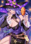  1girl bare_shoulders black_dress breasts camilla_(fire_emblem) candy cleavage crescent crescent_hat_ornament crescent_moon dress fire_emblem fire_emblem_fates food halloween halloween_costume hand_on_own_cheek hand_on_own_face hat hat_ornament holding holding_candy holding_food holding_lollipop lantern large_breasts lips lollipop long_hair moon nail_polish night night_sky pink_lips purple_eyes purple_hair purple_nails signature sitting sky smile snow20200 solo star_(symbol) star_ornament strap thighs very_long_hair watermark witch witch_hat 