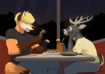  absurd_res anonymous_artist antlers blonde_hair blue_eyes canid canine cervid clothing diner ear_piercing food fox fur grey_body grey_fur hair head_on_hand hi_res horn male mammal muscular night orange_body orange_fur peaceful piercing short_tail sitting smile window_seat 