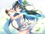  absurdres backless_outfit bare_shoulders black_hair blue_eyes blue_scarf blurry blurry_background deviantart_username dragalia_lost fingerless_gloves gloves highres holding holding_sword holding_weapon leaf leaf_hat_ornament leather_wrist_straps looking_at_viewer odetta_(dragalia_lost) ryo-suzuki scarf smile sword thighs twitter_username watermark weapon 