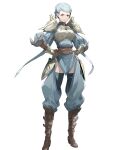  1girl arm_guards armor bangs blue_hair boots braid breastplate closed_mouth dress elbow_gloves fire_emblem fire_emblem_awakening fire_emblem_heroes french_braid full_body gloves hair_bun hands_on_hips highres hirooka_masaki knee_boots long_sleeves looking_at_viewer non-web_source official_art pelvic_curtain phila_(fire_emblem) puffy_sleeves red_eyes shiny shiny_hair short_dress shoulder_armor solo standing striped thighhighs transparent_background vertical_stripes 