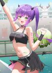  2girls bare_shoulders blush breasts cheerleader choker collarbone cowboy_shot green_eyes highres hololive horns la+_darknesss long_hair looking_at_viewer medium_breasts midriff miniskirt multiple_girls navel o-ring open_mouth outdoors pom_pom_(cheerleading) purple_hair ri_qing side_ponytail sidelocks skirt smile solo_focus tokoyami_towa two-sided_fabric underboob very_long_hair virtual_youtuber 