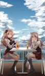  2girls absurdres ascot blonde_hair blush brown_eyes chair closed_mouth cloud cloudy_sky corset cup day drink drinking_glass drinking_straw grey_hair hair_between_eyes hat highres kantai_collection long_hair long_sleeves mini_hat mizunototori multiple_girls parted_lips pola_(kancolle) red_ascot red_skirt rudder_footwear shirt sitting skirt sky smile thighhighs wavy_hair white_headwear white_shirt white_thighhighs zara_(kancolle) zara_due_(kancolle) 