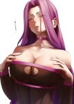  1girl bare_shoulders blush breasts cleavage collar dress fate/stay_night fate_(series) large_breasts long_hair looking_at_viewer medusa_(fate) purple_eyes purple_hair simple_background solo tamamoice white_background 