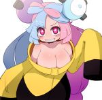  1girl bangs black_jacket blue_hair blush bow-shaped_hair breasts character_hair_ornament cleavage clenched_teeth collarbone hair_ornament huge_breasts iono_(pokemon) jacket light_blue_hair long_sleeves looking_at_viewer magnemite miyazero multicolored_clothes multicolored_hair multicolored_jacket no_shirt oversized_clothes pink_eyes pink_hair pokemon pokemon_(game) pokemon_sv sharp_teeth simple_background sleeves_past_fingers sleeves_past_wrists solo split-color_hair star_(symbol) star_in_eye symbol_in_eye teeth twintails two-tone_hair two-tone_jacket v-shaped_eyebrows white_background yellow_jacket 