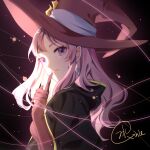  absurdres aisuqinle black_capelet black_clover capelet finger_to_mouth gloves hat highres pink_hair purple_eyes red_gloves red_headwear thread vanessa_enoteca witch witch_hat 
