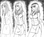  1girl arms_behind_back bosstseng breasts chinese_text cleavage clip_studio_paint_(medium) commentary_request greyscale kawakami_tomie large_breasts medium_breasts miniskirt mole mole_under_eye monochrome photoshop_(medium) side_slit signature skirt small_breasts tomie translation_request 