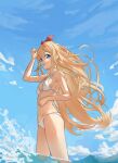  1girl absurdres bare_arms bare_legs bikini blonde_hair blue_eyes blue_sky bow breasts cowboy_shot day floating_hair food hair_bow highres keibi_inu long_hair outdoors popsicle red_bow sideboob sky small_breasts solo standing swimsuit toshinou_kyouko very_long_hair wading white_bikini yuru_yuri 