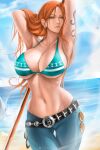  1girl arm_tattoo armpits arms_up artist_name bangs belt bikini bikini_top_only blue_sky breasts cleavage closed_mouth collarbone commentary day denim earrings highres holding jeans jewelry large_breasts lips long_hair looking_at_viewer midriff mole mole_on_breast nami_(one_piece) navel ocean one_piece orange_eyes orange_hair outdoors pants polearm simple_background sky stomach sweat sweatdrop swimsuit tattoo water weapon wtparadise 