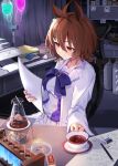  1girl agnes_tachyon_(umamusume) ahoge amazon_(company) animal_ears blush box brand_name_imitation breasts brown_eyes brown_hair bunsen_burner cardboard_box chair cup desk desktop eraser erlenmeyer_flask expressionless flask gas_can glowing_liquid hamanashi_(trapiorra) highres holding holding_cup holding_paper horse_ears horse_girl horseshoe_ornament indoors iv_stand labcoat long_sleeves mechanical_pencil medium_breasts medium_hair messy_hair office_chair paper pencil petri_dish pleated_skirt printer purple_shirt sailor_collar sailor_shirt saucer school_uniform shirt sitting skirt solo summer_uniform tea tea_set teabag teacup test_tube test_tube_rack tracen_school_uniform umamusume white_skirt 