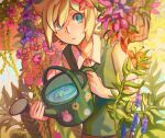  1boy absurdres basil_(omori) blonde_hair blue_eyes brown_shorts closed_mouth collarbone collared_shirt expressionless flower forest_bunny_(omori) green_sweater_vest hair_flower hair_ornament highres holding holding_watering_can looking_at_viewer omori shirt short_hair short_sleeves shorts solo sprout_mole sticker sweater_vest sweetk1tten twitter_username vkontakte_username water watering_can web_address white_shirt 