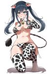  1girl amano_nene_(vtuber) animal_ears animal_print bell blush breasts cow_ears cow_print cow_tail cowbell elbow_gloves gloves green_eyes heart heart-shaped_pupils highres large_breasts long_hair midoku_(itijikusakura) navel production_kawaii solo swimsuit symbol-shaped_pupils tail thighhighs twintails virtual_youtuber 