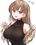  1girl alternate_costume black_sweater breasts brown_eyes brown_hair commentary_request highres kantai_collection large_breasts long_hair matsunaga_(haku) ooi_(kancolle) open_clothes open_shirt sailor_collar sailor_shirt shirt simple_background sleeveless sleeveless_sweater solo sweater turtleneck twitter_username upper_body white_background white_shirt 
