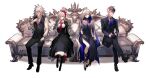  2boys 2girls alternate_costume black_gloves blue_flower blue_rose brynhildr_(fate) couch crossed_legs dress fate/grand_order fate_(series) flower formal glasses gloves grey_hair hair_over_one_eye highres kashia kriemhild_(fate) long_dress long_hair multicolored_hair multiple_boys multiple_girls necktie rose siegfried_(fate) sigurd_(fate) sitting smile suit two-tone_hair very_long_hair white_background white_gloves 