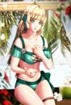  1girl bangs bare_shoulders bikini blonde_hair blunt_bangs collarbone commentary cowboy_shot esther_shen fire_emblem fire_emblem:_three_houses fire_emblem_heroes flower green_bikini green_eyes green_ribbon hair_flower hair_ornament hair_ribbon ingrid_brandl_galatea long_hair looking_at_viewer off-shoulder_bikini off_shoulder pink_lips ribbon sitting solo stomach swimsuit thigh_strap thighs very_long_hair white_flower 