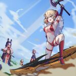  4girls :d absurdres animal_ears animal_hood arm_up armlet armor armored_boots armpits axe ayanami_(azur_lane) ayanami_(dynamic_kick!)_(azur_lane) azur_lane bangs bare_shoulders battle_axe bikini bikini_armor black_gloves black_ribbon black_shorts blonde_hair blue_dress blue_eyes blue_robe blue_sky blush boots breasts capelet chinese_commentary circlet cleavage closed_mouth cloud commentary_request crop_top day dragon dress fake_animal_ears fingerless_gloves flat_chest fur_capelet gauntlets gloves green_eyes groin hair_between_eyes hair_ribbon hand_on_hip headgear high_ponytail highleg highleg_bikini highres holding holding_axe holding_staff holding_sword holding_weapon hood hood_up hooded_robe javelin_(a_legend_is_born?!)_(azur_lane) javelin_(azur_lane) knee_boots laffey_(azur_lane) laffey_(sleepageddon)_(azur_lane) large_breasts long_hair looking_at_another magician medium_hair midriff multiple_girls navel official_alternate_costume one_eye_closed one_knee open_clothes open_mouth open_robe orange_eyes outdoors pelvic_curtain ponytail purple_hair rabbit_ears rabbit_hood red_armor red_bikini red_eyes red_scarf revealing_clothes ribbon robe rock_zinc scarf shirt short_hair shorts sidelocks skindentation sky sleeveless sleeveless_dress sleeveless_shirt small_breasts smile staff standing stomach swimsuit sword thigh_strap weapon white_hair white_shirt z23_(azur_lane) z23_(upgrade_failure?!)_(azur_lane) 