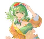  1girl :d arm_up bandeau bingansuan_jiamouren breasts cleavage covered_navel cropped_jacket detached_collar goggles goggles_on_head green_eyes green_hair gumi headphones highres jacket long_sleeves looking_at_viewer open_clothes open_jacket open_mouth orange_jacket photoshop_(medium) red-tinted_eyewear simple_background smile solo strapless tinted_eyewear tube_top upper_body vocaloid white_background 