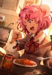  1other 2girls absurdres bandaid bandaid_on_cheek bandaid_on_face beans beans_on_toast can character_request commentary cup_ramen dog doki_doki_literature_club english_commentary fang food fork highres holding holding_spoon khyle. multiple_girls natsuki_(doki_doki_literature_club) open_mouth pink_eyes pink_hair plate pointing reflection school_uniform solo_focus spoon toast twintails web_address 