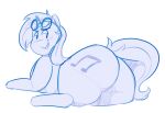  2017 big_butt butt cutie_mark equid equine eyewear eyewear_on_head female feral friendship_is_magic glasses glasses_on_head half-closed_eyes hasbro horn huge_butt looking_back lying mammal monochrome my_little_pony narrowed_eyes ridiculouscake simple_background smile solo thick_thighs unicorn vinyl_scratch_(mlp) white_background wide_hips 