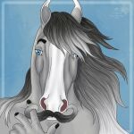  2022 5_fingers ambiguous_gender anthro blue_eyes digital_media_(artwork) dream_merchant equid equine facial_hair facial_markings fingers hair head_markings horse looking_at_viewer mammal markings multicolored_hair mustache simple_background solo ta&#039;kom_ironhoof two_tone_hair 