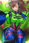  1girl ;p bangs bodysuit breasts brown_eyes brown_hair colored_tips curvy d.va_(overwatch) facial_mark from_above gamjasssak headphones heart highres impossible_bodysuit impossible_clothes large_breasts long_hair looking_at_viewer lying mecha meka_(overwatch) multicolored_hair nano_cola_d.va official_alternate_costume on_back one_eye_closed outstretched_arm overwatch overwatch_1 ponytail reaching_out robot selfie shoulder_pads skin_tight solo spoken_heart swept_bangs taking_picture thigh_gap tongue tongue_out whisker_markings wide_hips wireless 