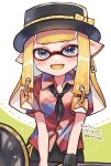  1girl :d black_headwear black_necktie blonde_hair bow breasts colored_tongue furrowed_brow grey_eyes hat hat_bow highres inkling inkling_girl long_hair looking_at_viewer medium_breasts nautilus_(splatoon) necktie open_mouth piercing pointy_ears polka_dot polka_dot_bow red_shirt shina_shina shirt short_sleeves smile solo sparkle splatoon_(series) tentacle_hair twitter_username yellow_bow yellow_tongue zipper zipper_pull_tab 