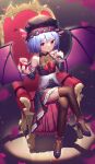 1girl alcohol alternate_costume bare_shoulders bat_wings blue_hair bow chair cup dress drinking_glass frills hat high_heels highres jewelry kiramarukou long_fingers looking_at_viewer pendant red_eyes red_nails remilia_scarlet short_hair solo thighs touhou wine wine_glass wings 