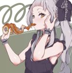  1girl absurdres adjusting_hair bangs blunt_bangs chocolate_cornet commentary dress eating food food_in_mouth frilled_ribbon frills grey_dress grey_hair grey_ribbon hair_ribbon harapeko_zombie_inu highres hololive long_hair looking_at_viewer looking_to_the_side murasaki_shion ribbon short_eyebrows sidelocks sleeveless sleeveless_dress solo symbol-only_commentary twintails upper_body virtual_youtuber wavy_hair wrist_cuffs yellow_eyes 